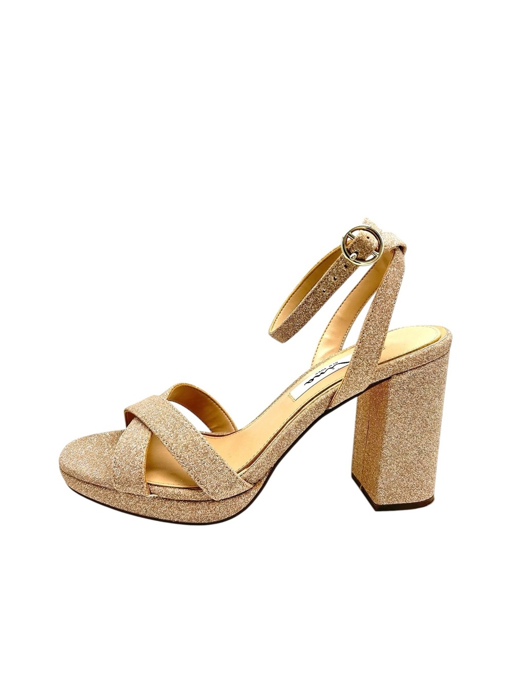 Nina Glitter Net Block Heel Platform Sandals Gold Size 6.5 Formal Event Wedding
